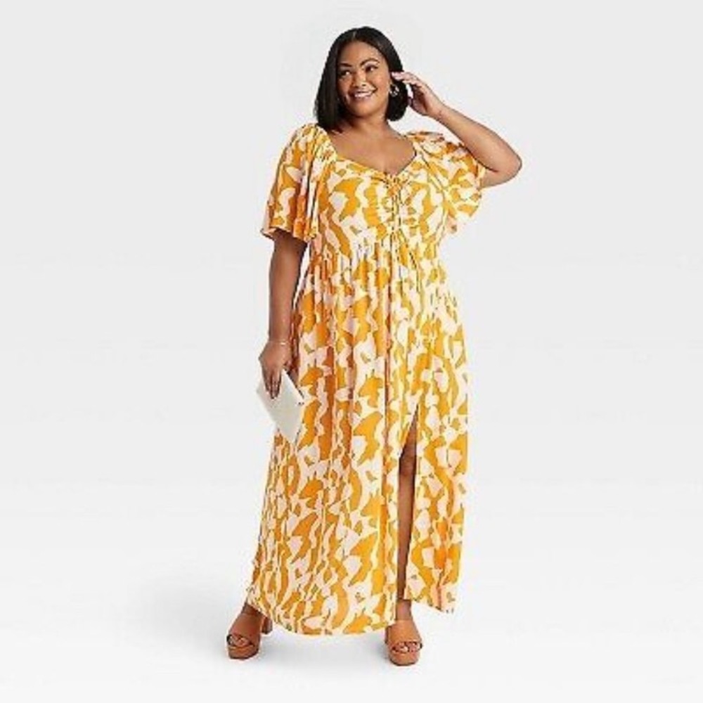 Women’s Ava & Viv flutter short sleeve maxi sundress - size 2X - abstract yellow